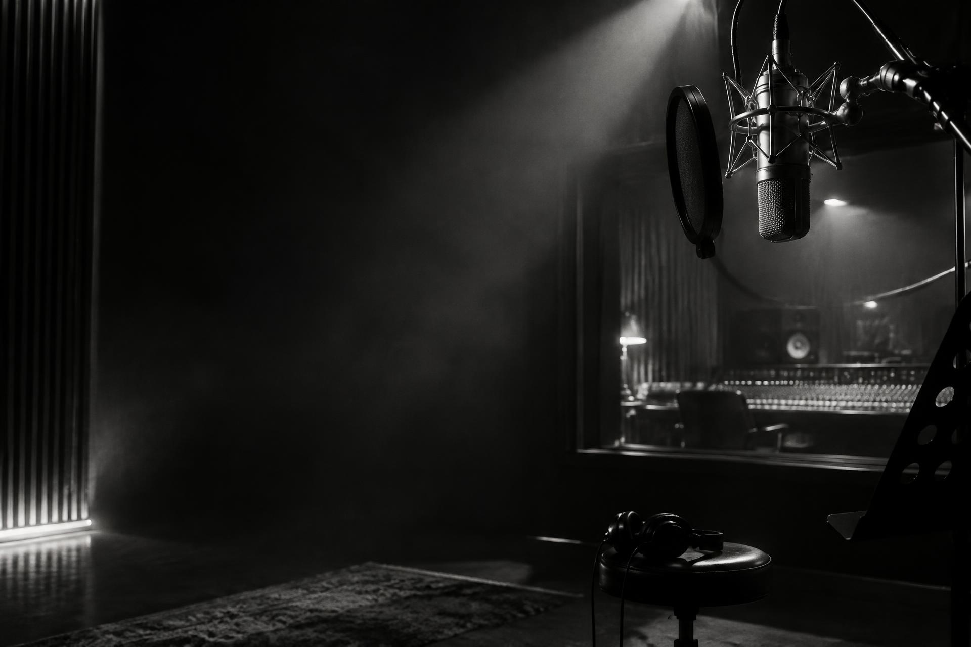 A microphone suspended inside a dark recording studio